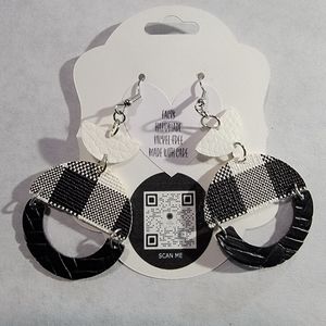 Black Textured, Black/White Buffalo Plaid, White 3-Tier Faux Leather Earrings 2"